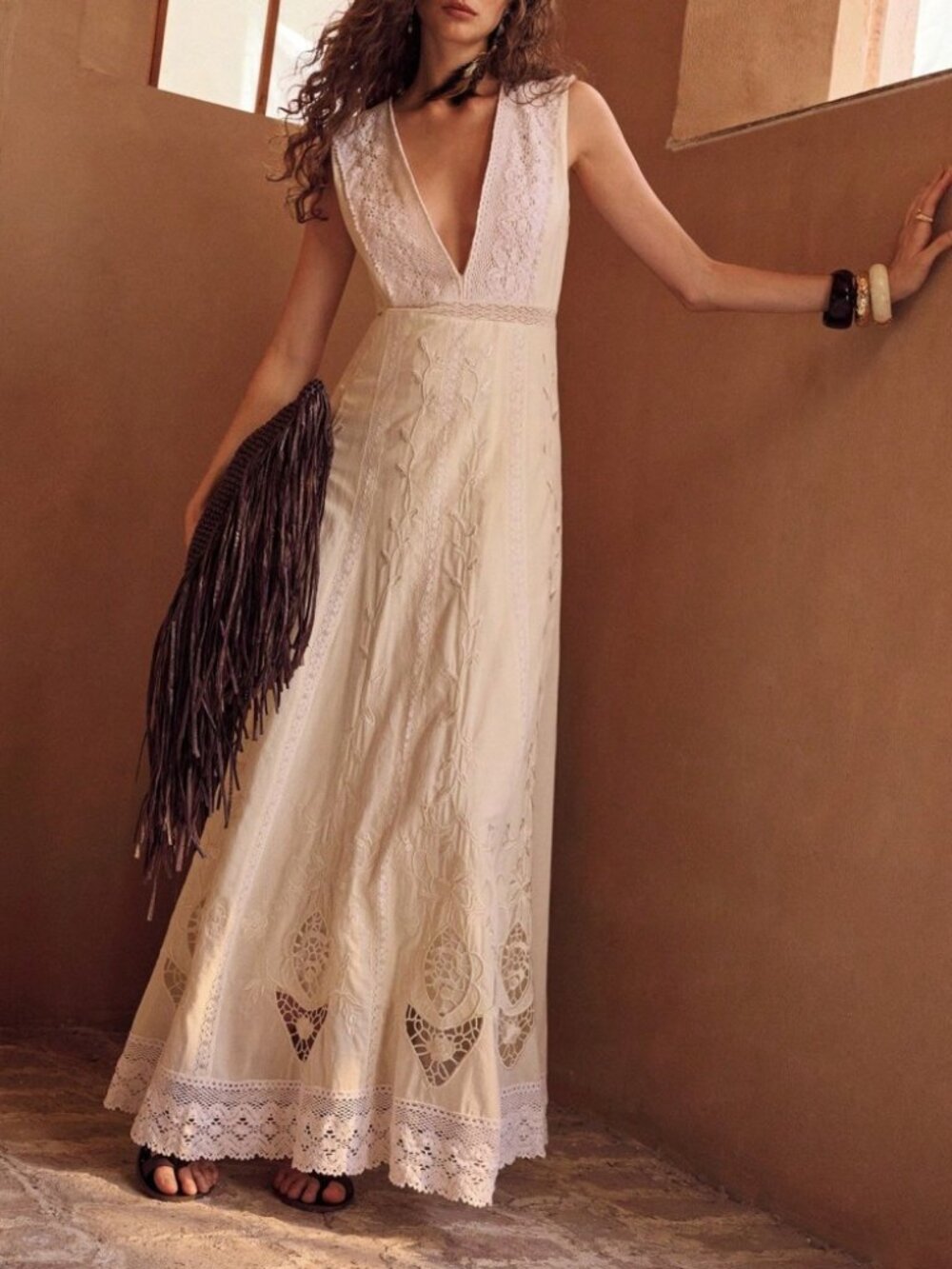 Cream Crochet Lace Maxi Dress with Deep V Neckline